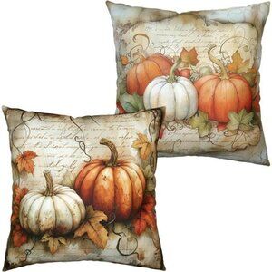 Thanksgiving Fall Pillow Covers Set of 2 18x18 Pumpkin Maple Leaves Outdoor Deco